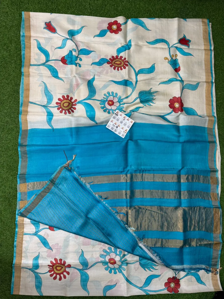 Pure Handloom Tussar Silk Hand Painted Pen Kalmakari Saree